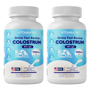 Vitamatic Bovine Colostrum Supplement 1000 mg per Serving - 50% Highest IgG - Supplement for Gut Health, Hair Growth, Beauty, Muscle Recovery, & Immune Support - 120 Capsules - 2 Pack Vitamatic Au supplements