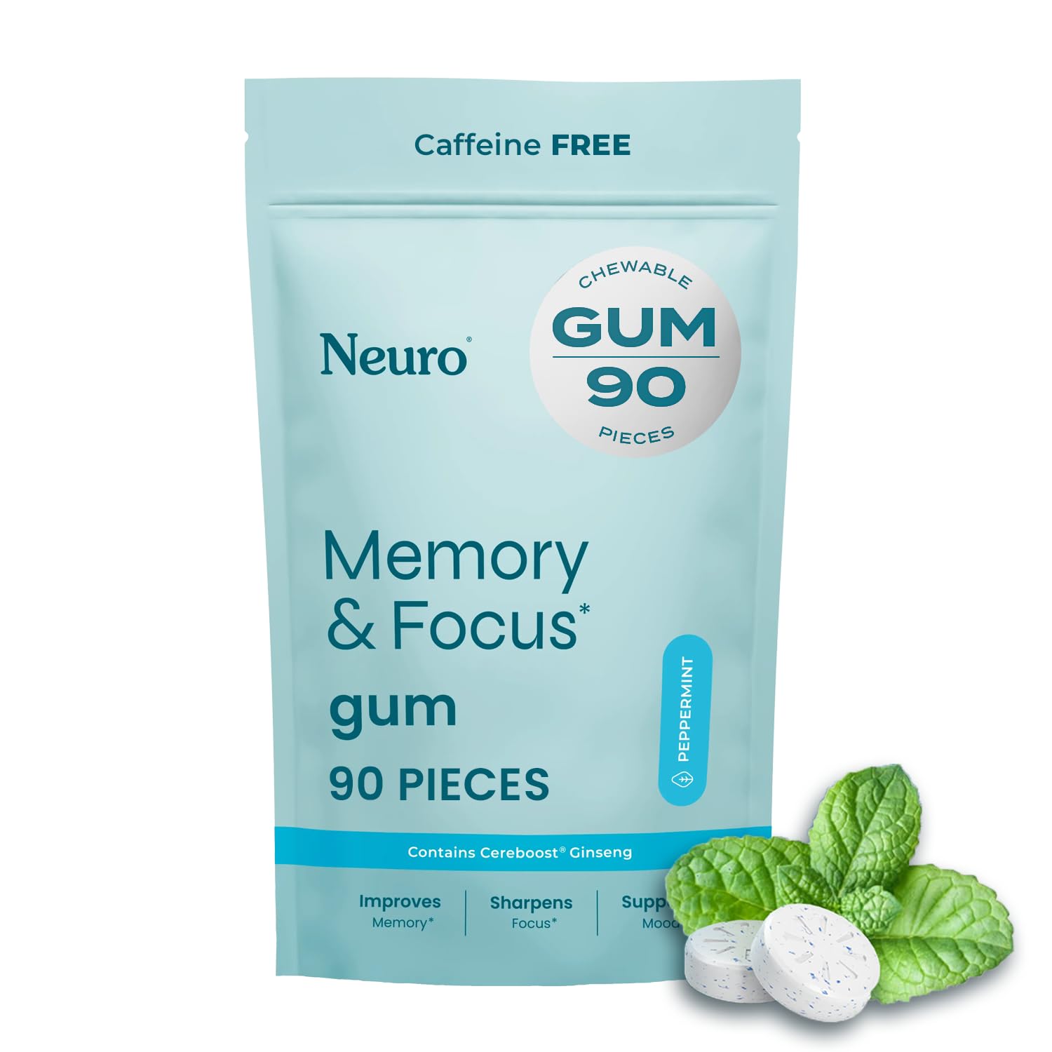 Neuro Memory & Focus Gum - Nootropic Gum with Vitamin B12, Vitamin B6, L-Theanine & Ginseng Extract - Natural Brain Support Supplement - Vegan, Caffeine & Sugar Free Chews - Peppermint, 90 ct Neuro Au supplements