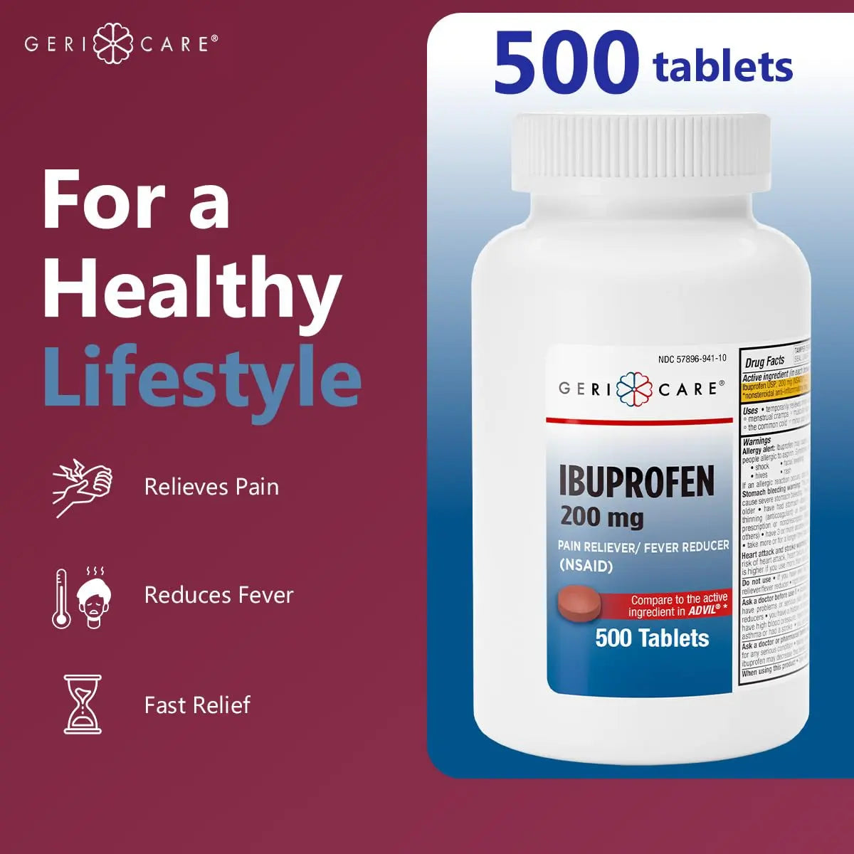 GeriCare Ibuprofen 200mg, Pain Reliever, Fever Reducer, Relieves Body Aches, 500 Count (Pack of 1) GeriCare Au supplements