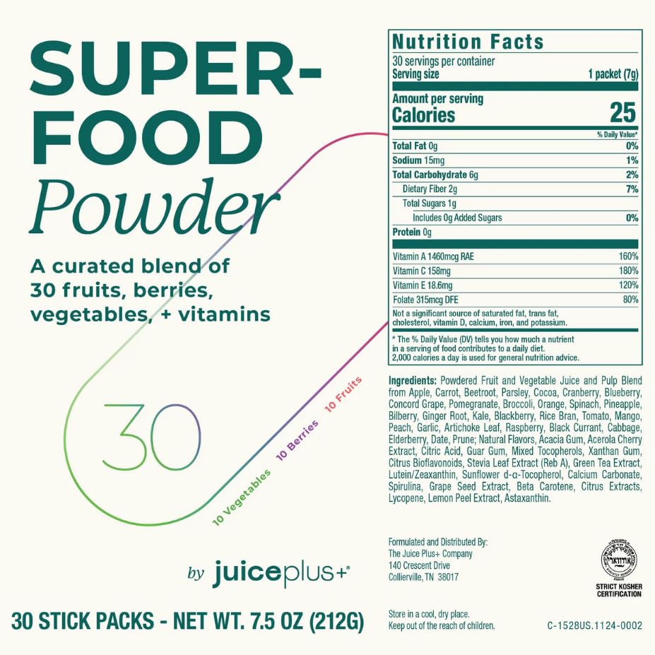Juice Plus+ - Superfood Powder - Drink with 30 Fruits Berries Veggies Plant Vitamins for Refreshing Immune Wellness Boost - 30 Stick Packs Juice Plus+ Au supplements