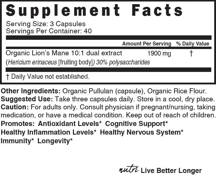Nutri Organic Lions Mane Supplement Capsules - 1900 mg, 10:1 Dual Extraction, 120 Count Nature's Fusions Au supplements