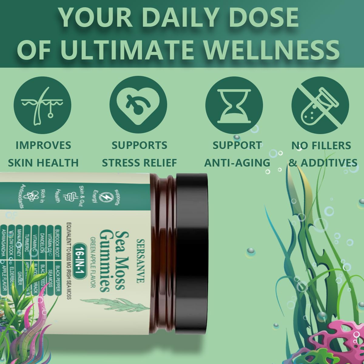 Sea Moss Gummies 16-in-1, with Black Seed Oil, Ashwagandha & Elderberry | Organic Irish Sea Moss Supplement for Men & Women | Daily Support with Manuka, Burdock Root & Vitamins C & D3, 30 Gummies SERSANVE Au supplements