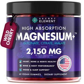 Magnesium Glycinate 2150 MG Gummies, High Absorption Magnesium Glycinate, Citrate & Malate, Sugar-Free, Vegan, Chews for Men & Women, 60 Gummies, Cherry Flavor– 60 Wild Cherry Flavor Chews Secret Element Au supplements