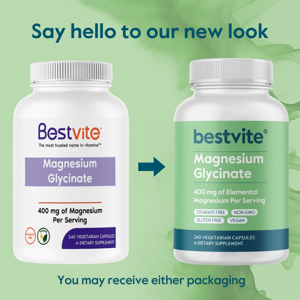 BESTVITE Filler-Free Magnesium Glycinate - 400mg of Magnesium per Serving (240 Veg Caps)- Chelated Bisglycinate for Muscle, Relaxation, Stress & Sleep Support* - For Men & Women - No Stearates - Vegan BESTVITE Au supplements