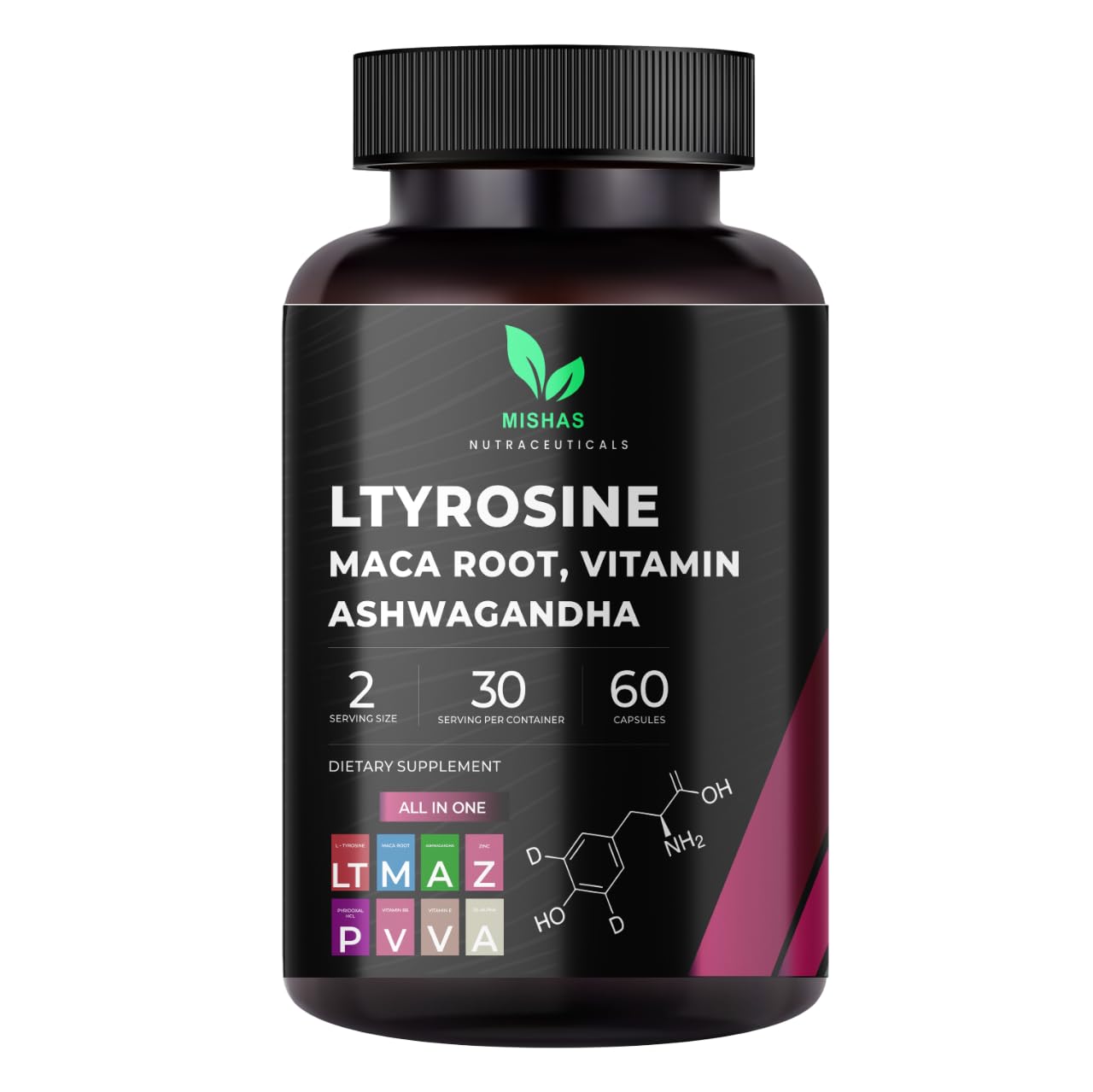 Mishas Nutraceuticals L-Tyrosine with Maca Root, Ashwagandha & Vitamins Complex – Energy, Mental Focus, Stress Relief & Immunity Support – 60 Capsules (30 Servings) Mishas Au supplements