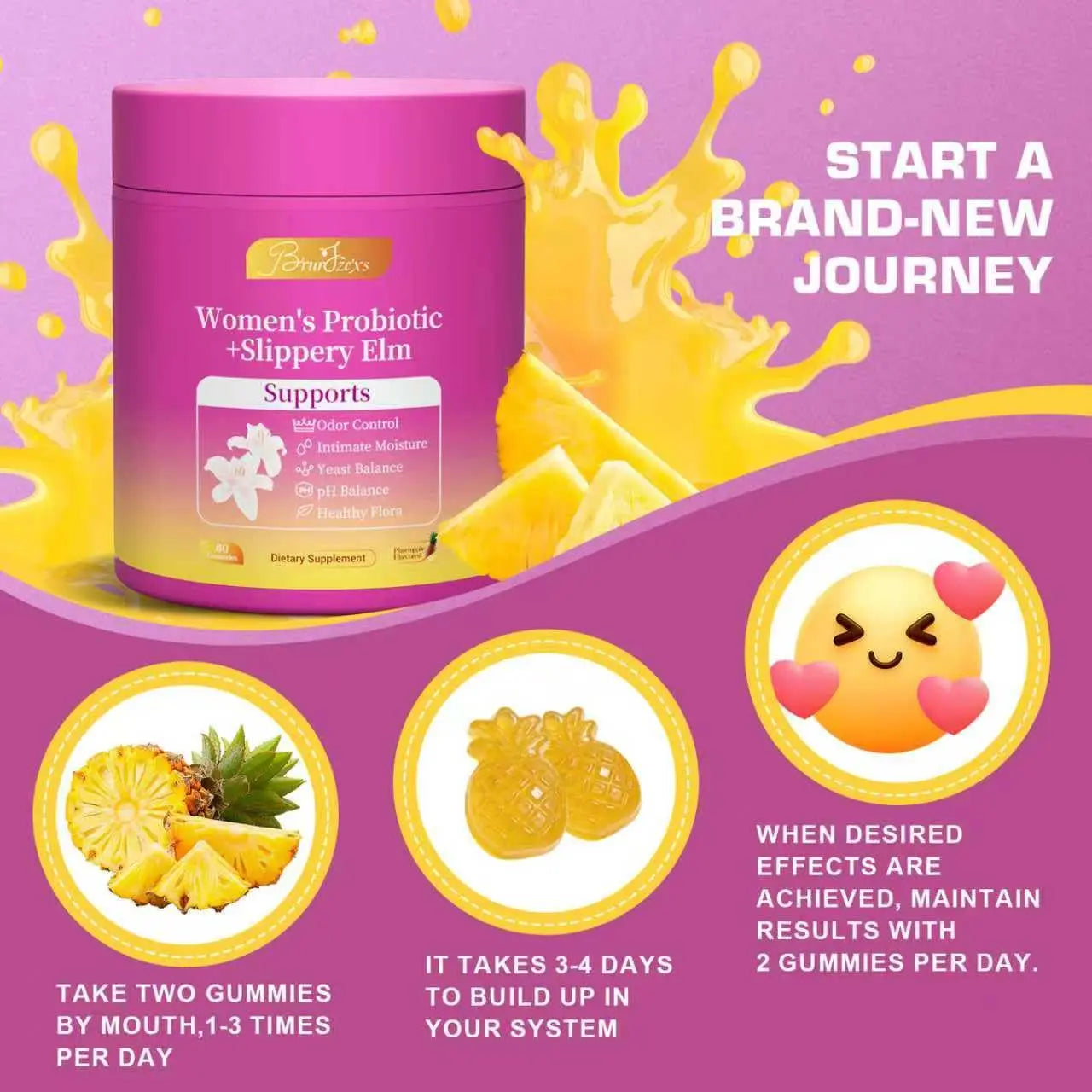 Brurtzexs Her Juicy Feminine Probiotics Gummies for Women with Slippery Elm - Pineapple Flavor, pH Balance & Immune Health Support - Digestive & Feminine Support - Vegan Supplement, 60 C Brurtzexs Au supplements