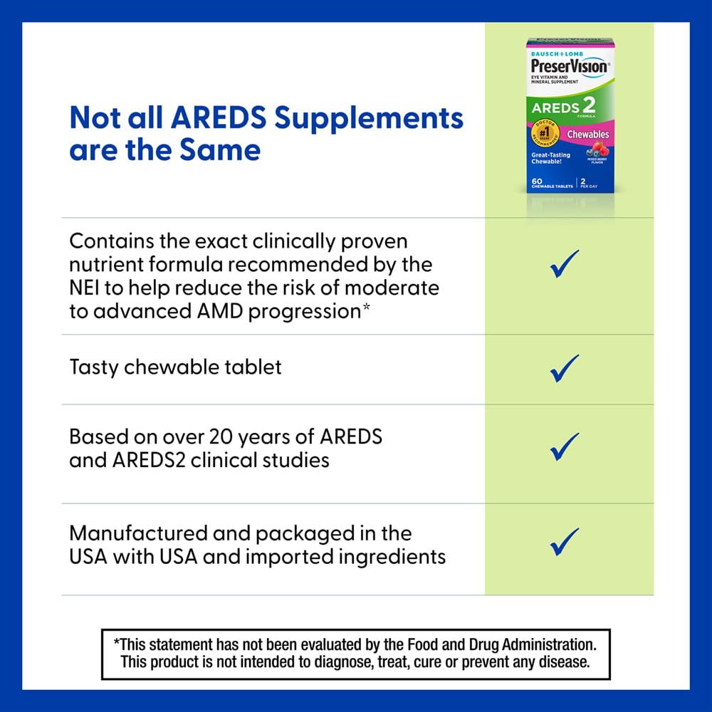 PreserVision AREDS 2 Eye Vitamins, #1 Eye Doctor Recommended Brand, Chewable Lutein and Zeaxanthin Supplement with Vitamin C, Vitamin E,Zinc, and Copper, Mixed Berry, 70 Tablets PreserVision Au supplements