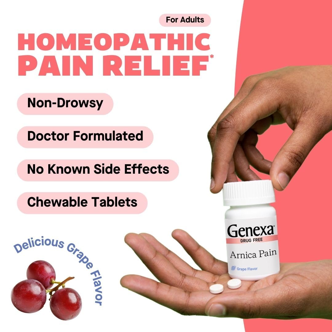 Genexa Arnica for Pain Relief | Alleviate Muscle & Joint Pain, Soreness & Stiffness | Reduces Bruises & Swelling | Organic Grape Flavor | Homeopathic Remedy Made Clean | 100 Chewable Tablets Genexa Au supplements