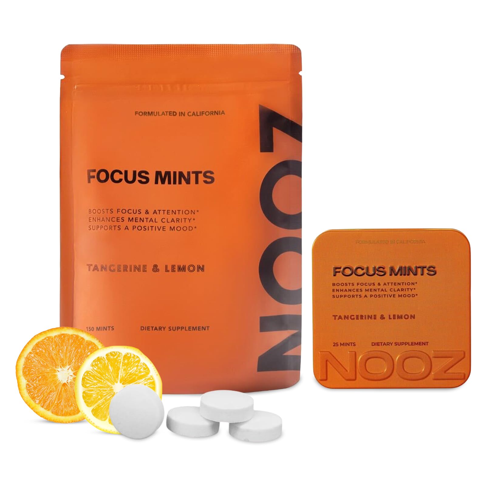 NOOZ Focus Mints Refill Bag - Caffeine-Free Brain Booster for Mental Clarity-Tangerine & Lemon Flavor | Sugar-Free, Travel-Friendly Supplement with Vitamin C, B6, B12 - Non-GMO, Clean Label, 150 Mints NOOZ Au supplements