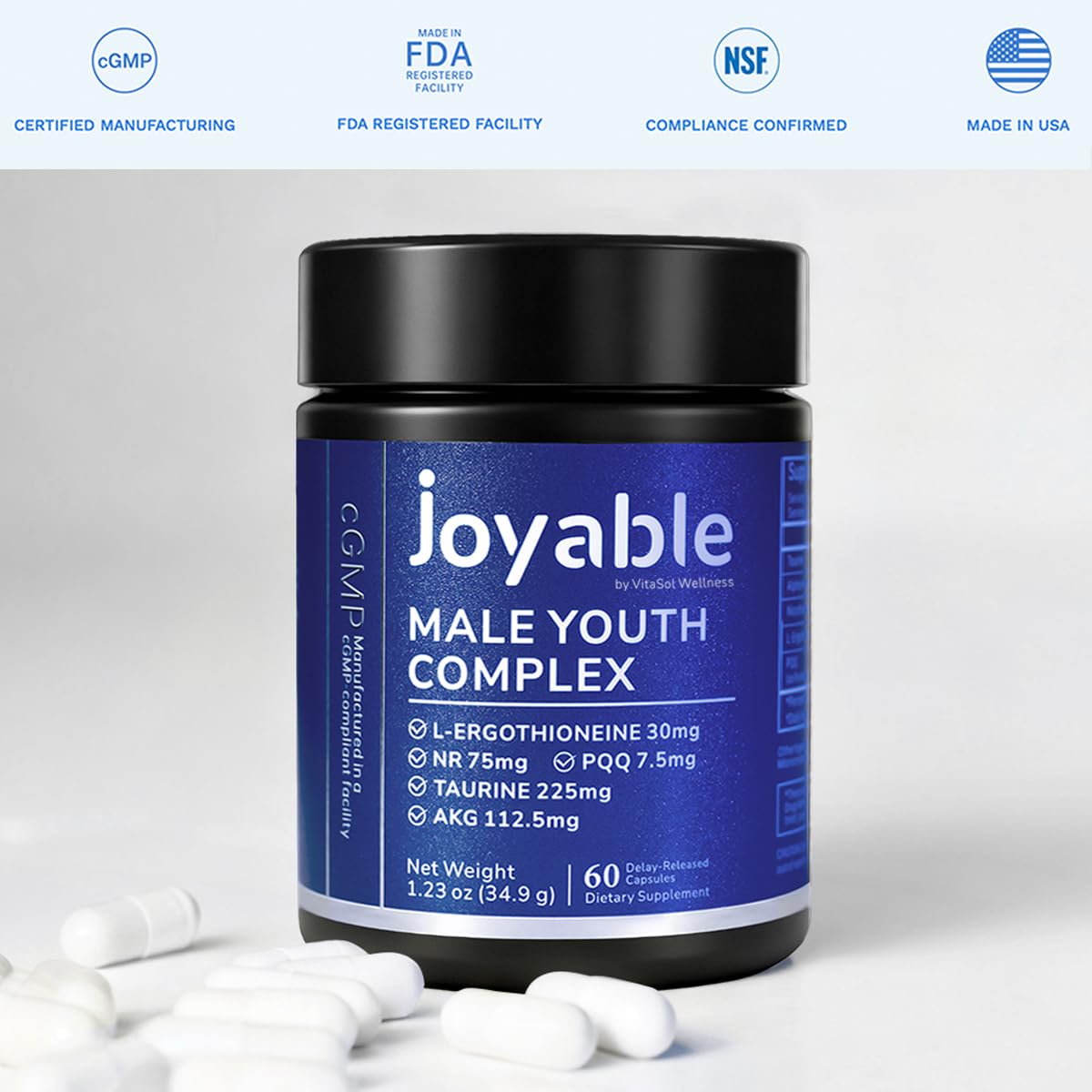 joyable by VitaSol Wellness - Male Youth Complex – Cellular Energy & Healthy Aging Support Supplement with NR, PQQ & Ergothioneine | 60 Capsules joyable by VitaSol Wellness Au supplements