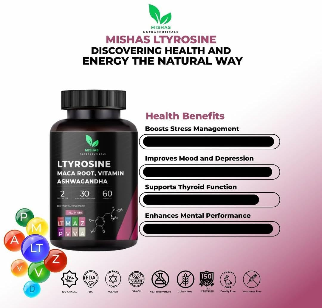 Mishas Nutraceuticals L-Tyrosine with Maca Root, Ashwagandha & Vitamins Complex – Energy, Mental Focus, Stress Relief & Immunity Support – 60 Capsules (30 Servings) Mishas Au supplements