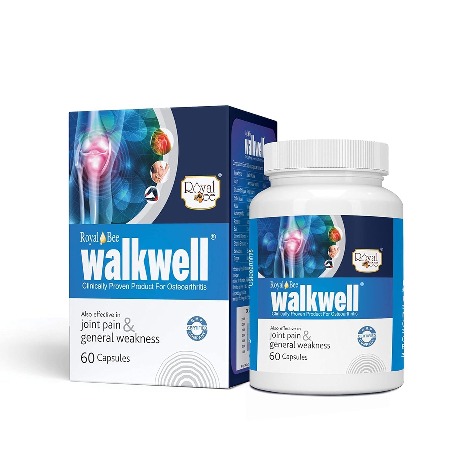 Royal Bee Walkwell Capsules – 60 Capsules – Supports Joint Pain & Inflammation Relief · Useful in Osteoarthritis · Promotes Flexibility & Mobility · Clinically Studied Herbal Ingredients Generic Au supplements
