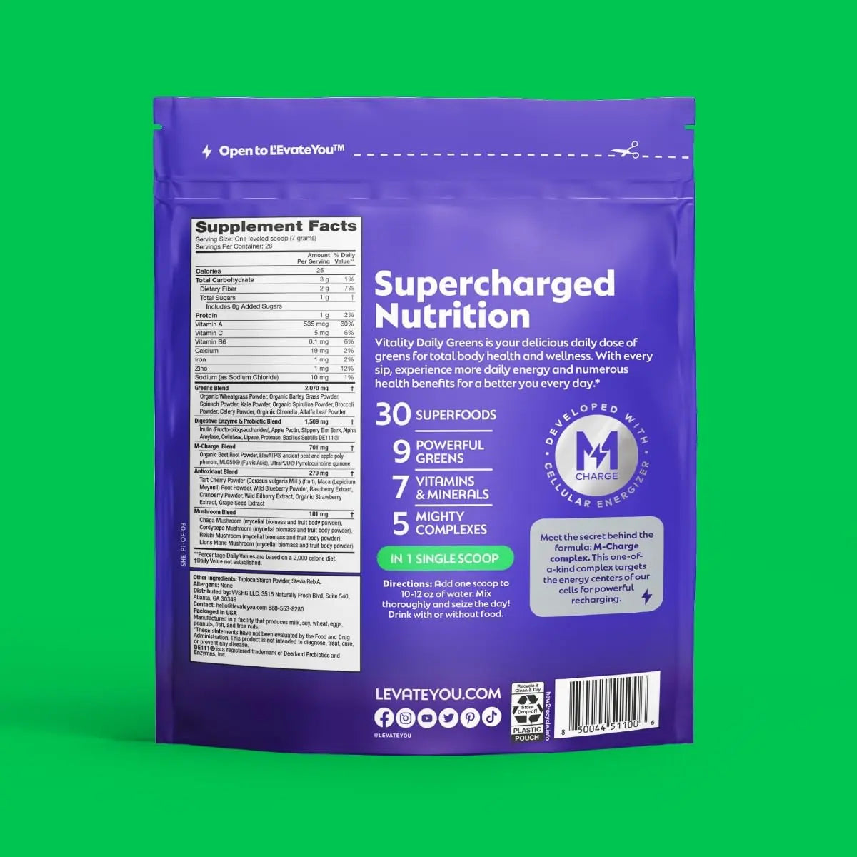 L'Evate You Vitality Daily Greens Powder (28 Servings) 30 Superfoods, 9 Greens - for a Cellular Energy Boost, Powered by M-Charge Complex for All Day Energy (Original) Steve Harvey's L'Evate You Au supplements