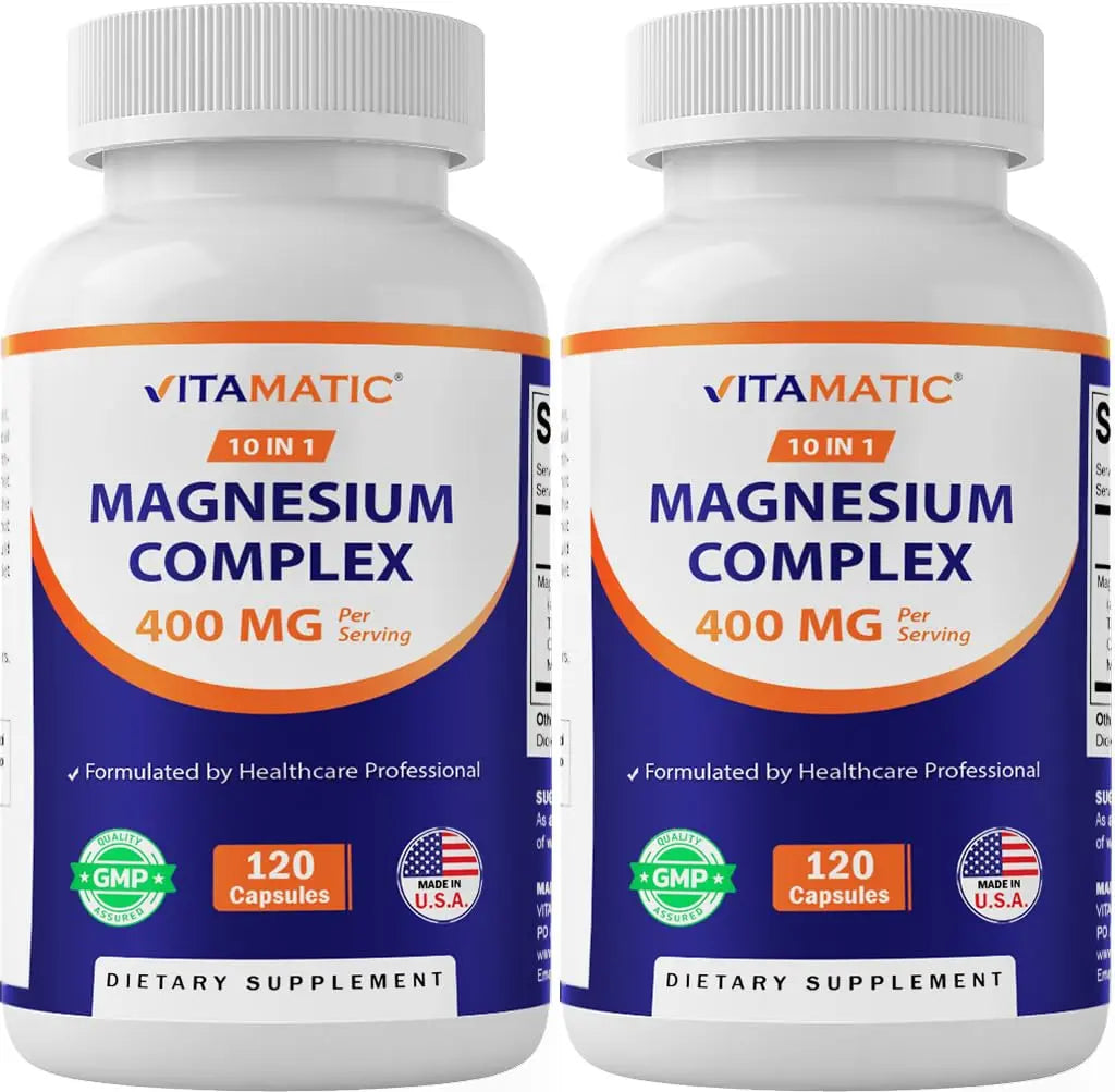 Vitamatic Magnesium Complex, 400mg Elemental MG (as Bisglycinate, Citrate, Taurate, Malate, Aspartate, Oxide, Gluconate, Lysinate Glycinate, Orotate, Succinate) - 120 Capsules per Pack - 2 Pack Vitamatic Au supplements