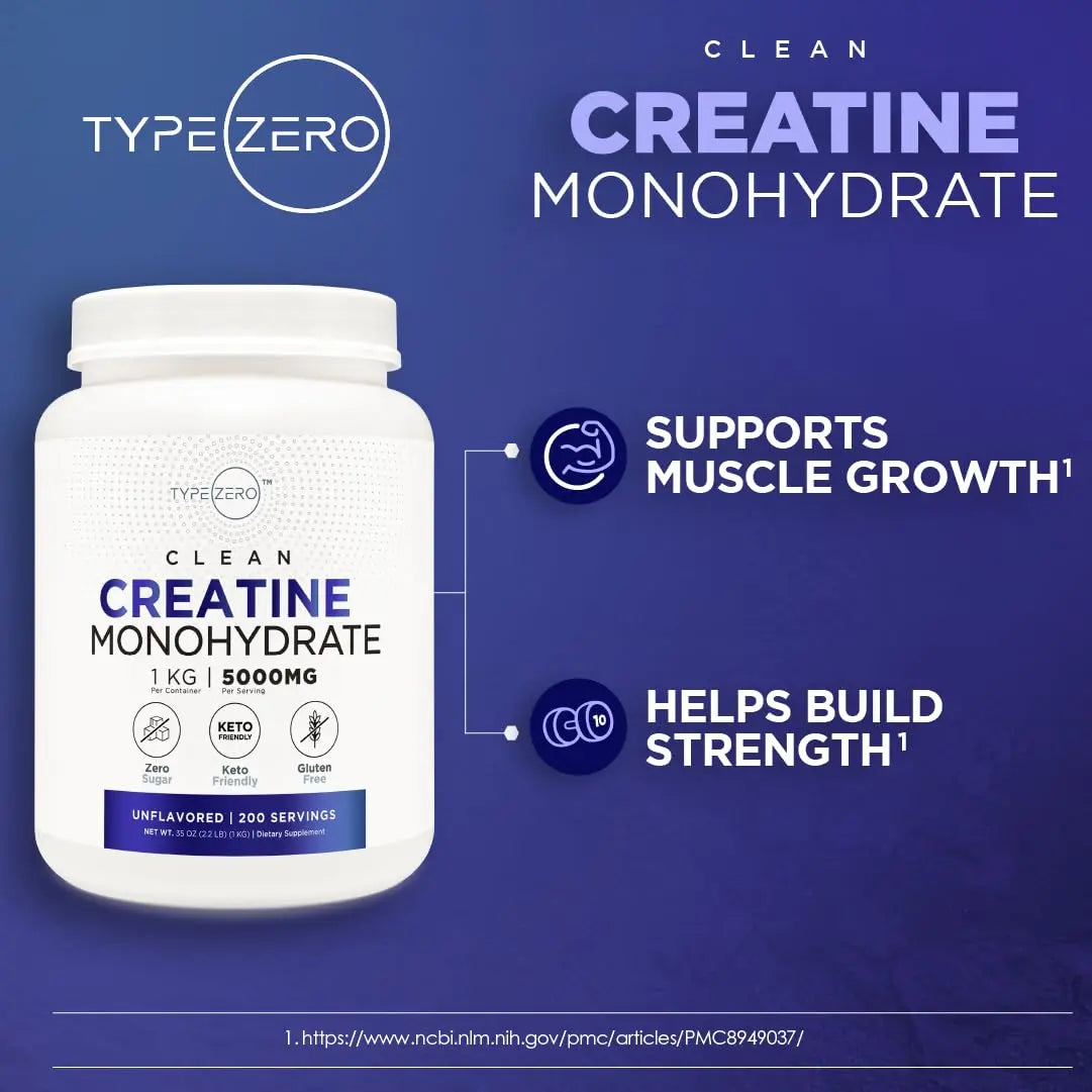 Type Zero Creatine Monohydrate (Unflavored) 1 KG, 5000mg (5g) Per Serving, Micronized, Zero Sugar, Keto Friendly & Gluten Free, 200 Servings Type Zero Au supplements