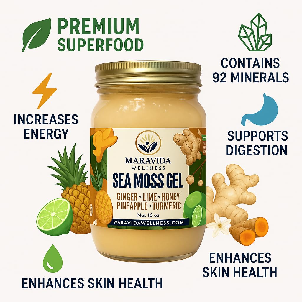 Maravida Wellness Sea Moss Gel – Pineapple, Lime, Honey, Ginger & Turmeric – 100% Natural Raw Organic Irish Moss – 16oz Jar – Premium Superfood for Everyday Wellness Maravida Wellness Au supplements