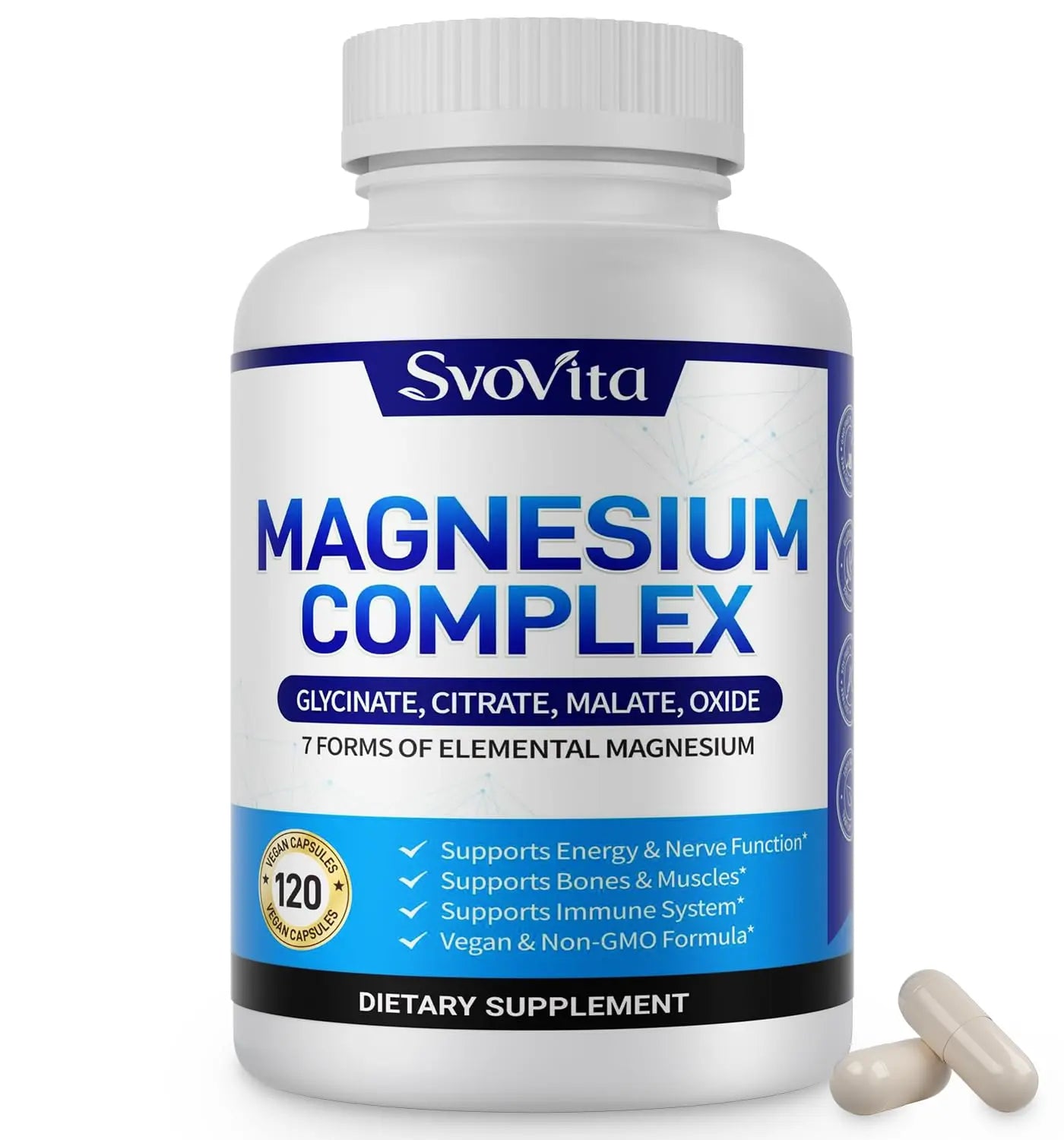 Magnesium Complex Supplement with 7 Forms of Magnesium Glycinate, Malate, Citrate & More, High Absorption for Bones, Muscle, Recovery, Energy, Vegan Non-GMO 120 Capsules Svovita Au supplements