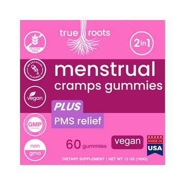 Menstrual Cramp Period Gummies True Roots | PMS Support Supplement for Women | Healthy Flow | Flo PMS Menstrual Cycle Relief, Cramping and Bloating | Vegan & Natural Flavors | 60 Count True Roots Au supplements