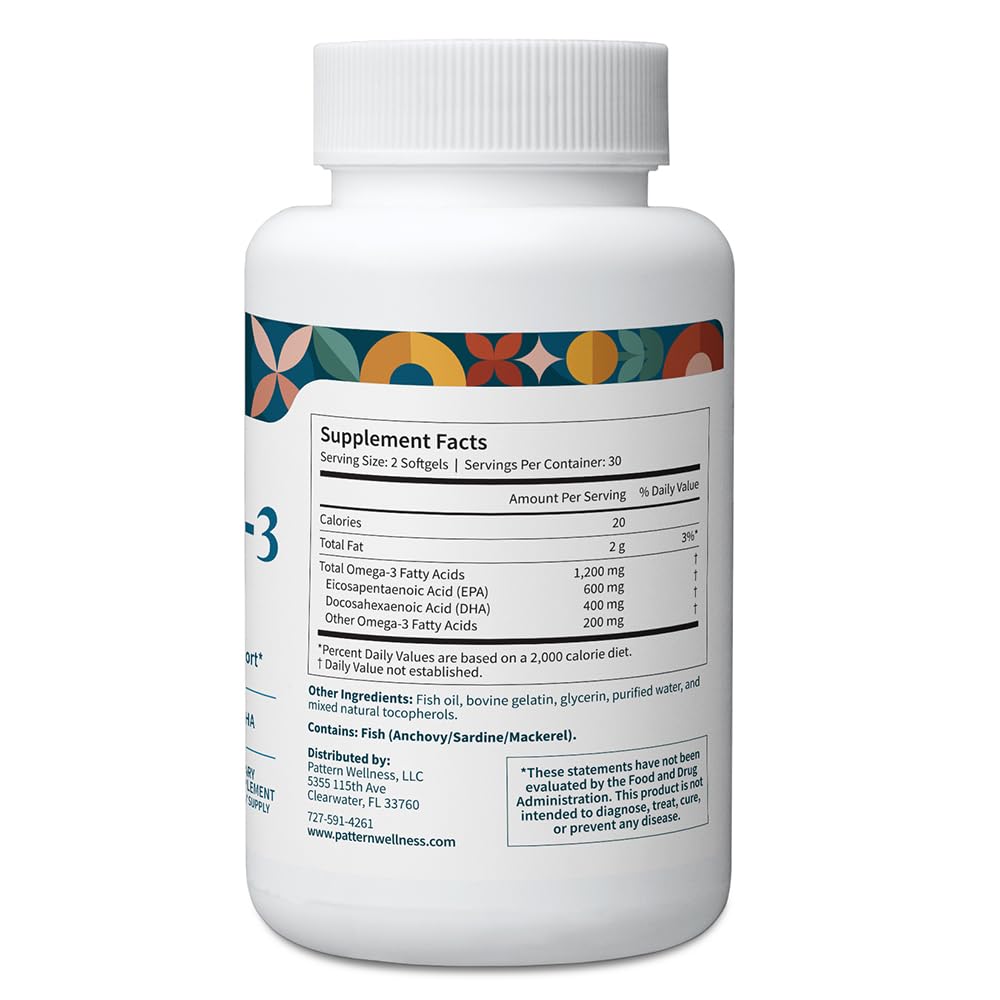 Pattern Wellness Omega 3 Softgels - Pure Fish Oil Formula - Helps Maintain Brain, Heart & Joint Health - 3rd Party Lab Tested - Non-GMO, Dairy-Free, Gluten-Free - 60 Softgels Pattern Wellness Au supplements