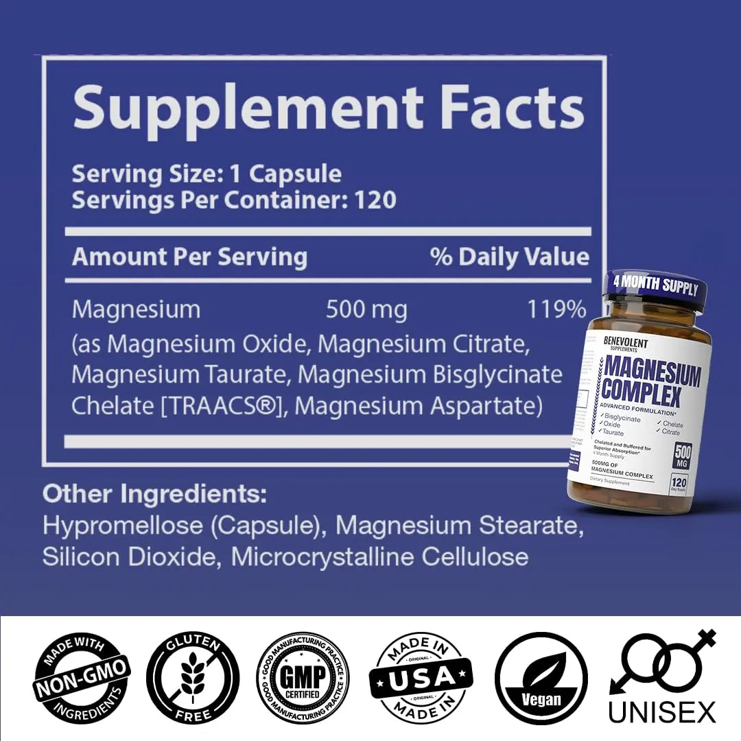 Magnesium Complex Supplement, 4 Month Supply of 500mg 5-in-1 Bisglycinate, Oxide, Taurate, Aspartate, Citrate, Max Absorption Magnesium Supplement for Calm, Sleep & Leg Cramps, 120 Capsule Benevolent Nourishment Au supplements