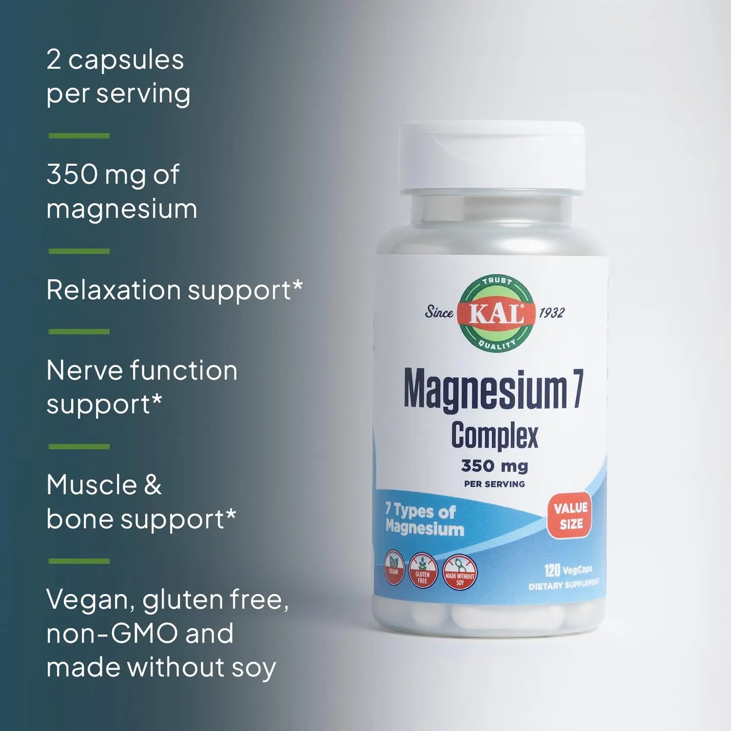 KAL Magnesium Complex 7 - Total Complex with Magnesium Glycinate, Citrate, Malate and More - Relaxation and Whole Body Support Supplements - Vegan, 60-Day Guarantee - 60 Servings - 120 VegCaps KAL Au supplements