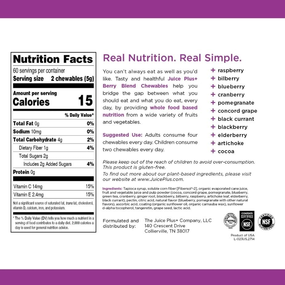 Juice Plus+ Berry Blend Soft Chews (Chewables) - Daily Nutrition from 12 Plants with Whole Fruit, Vegetable, & Berry - Raspberry, Bilberry, Blueberry, and More! for Adults and Kids - (1-mo, 30 Chews) Juice Plus+ Au supplements
