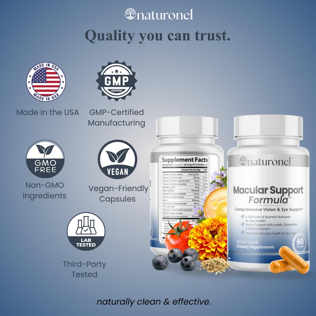 Naturonel Macular Support Formula – Vision & Eye Health with Lutein, Zeaxanthin, Bilberry, Eyebright & Antioxidants | Non-GMO, Made in USA, GMP Certified – 60 Capsules, 30 Day Supply (1) Naturonel Au supplements