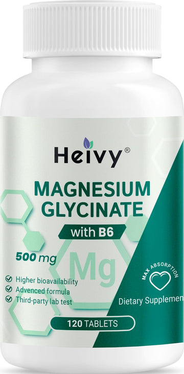 Heivy Pure Magnesium Glycinate 500mg with Vitamin B6, 100% Chelated & Purified Supports Nerve Relife, Sleep Aid & Muscle Support, Vegan & Non-GMO, Made in USA, 3rd Party Tested, 120 Tablets Heivy Au supplements