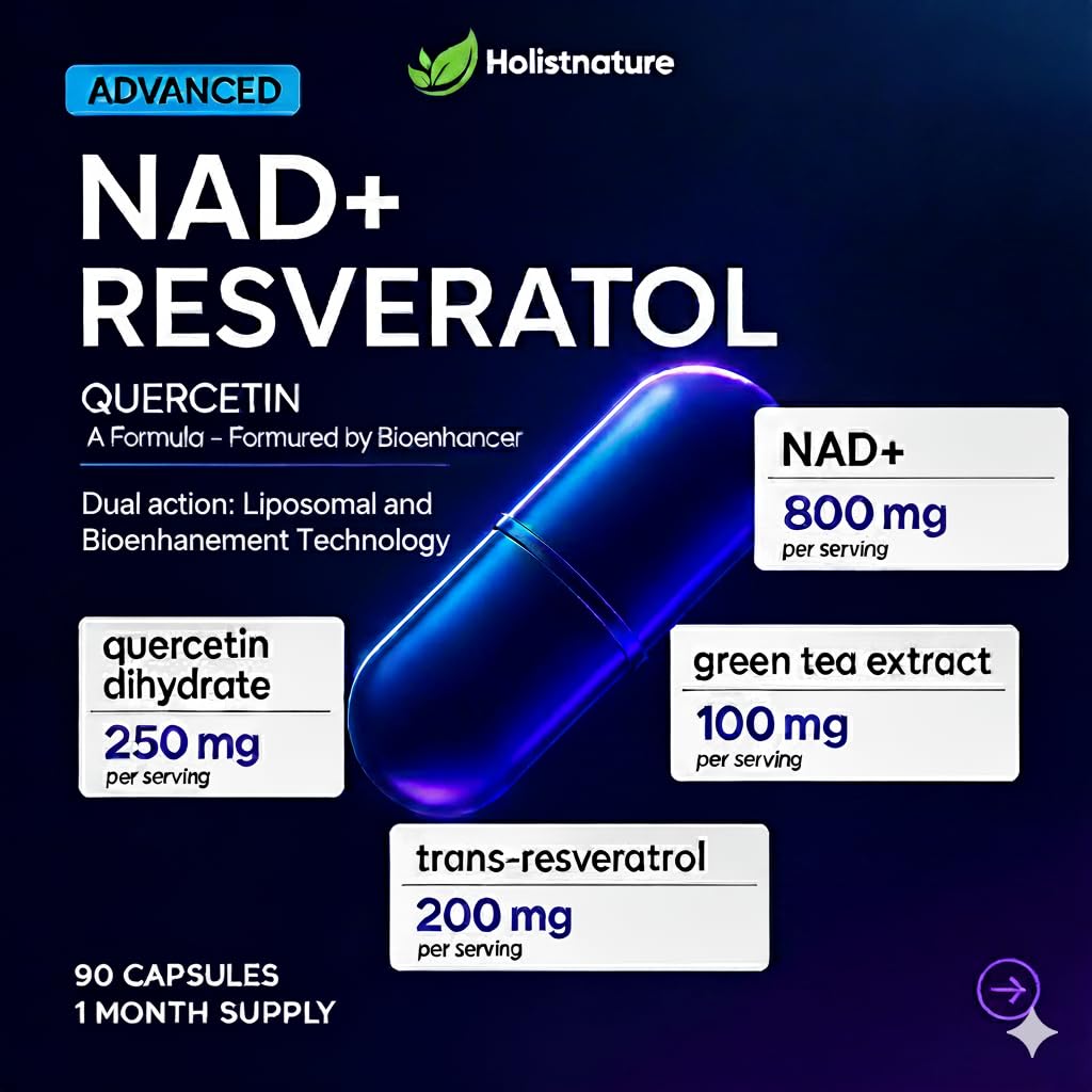 NAD+ Supplement, 1,360mg Max Strength Liposomal | Resveratrol, Quercetin, Green Tea | Cellular Energy & Healthy Aging for Men & Women | 800mg of 100% High Purity NAD+ for Energy, Focus - 90 Capsules Holistnature Au supplements