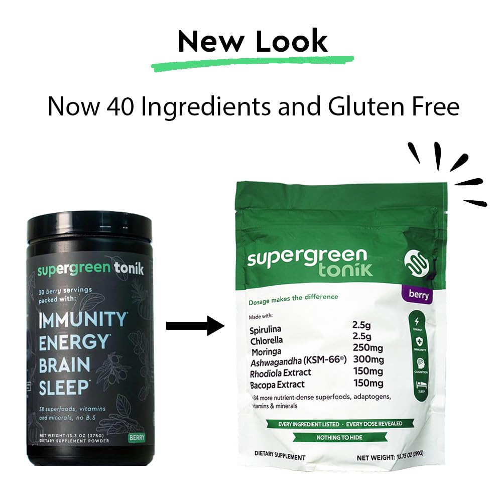 SUPERGREEN TONIK 100% Natural Greens Superfood Powder – Daily Supplement with 40 Superfoods, Vitamins and Minerals – Supports Energy, Stress and Immunity – 30 Days 360 Grams Berry Flavor (1 Bag) SUPERGREEN TONIK Au supplements