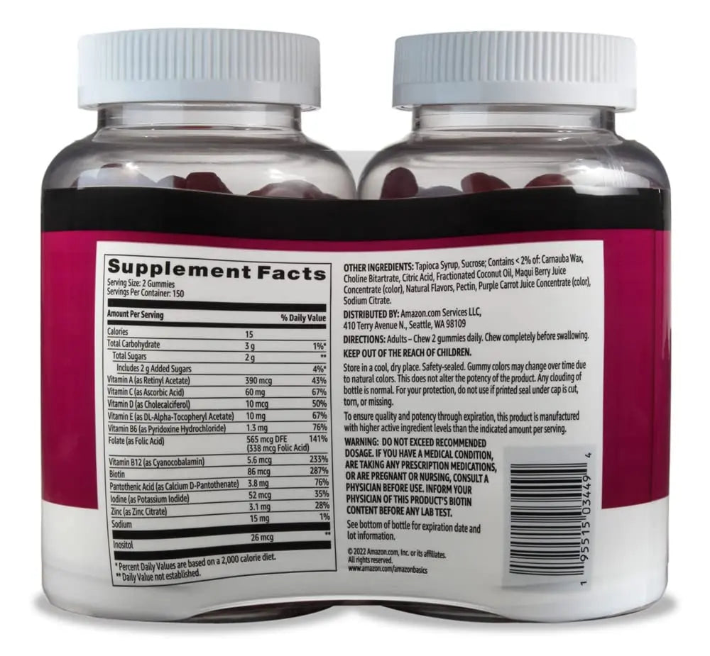 Amazon Basics Adult Multivitamin Gummies, Mixed Berry & Cherry, 150 Gummies, 75-Day Supply Amazon Basics Au supplements