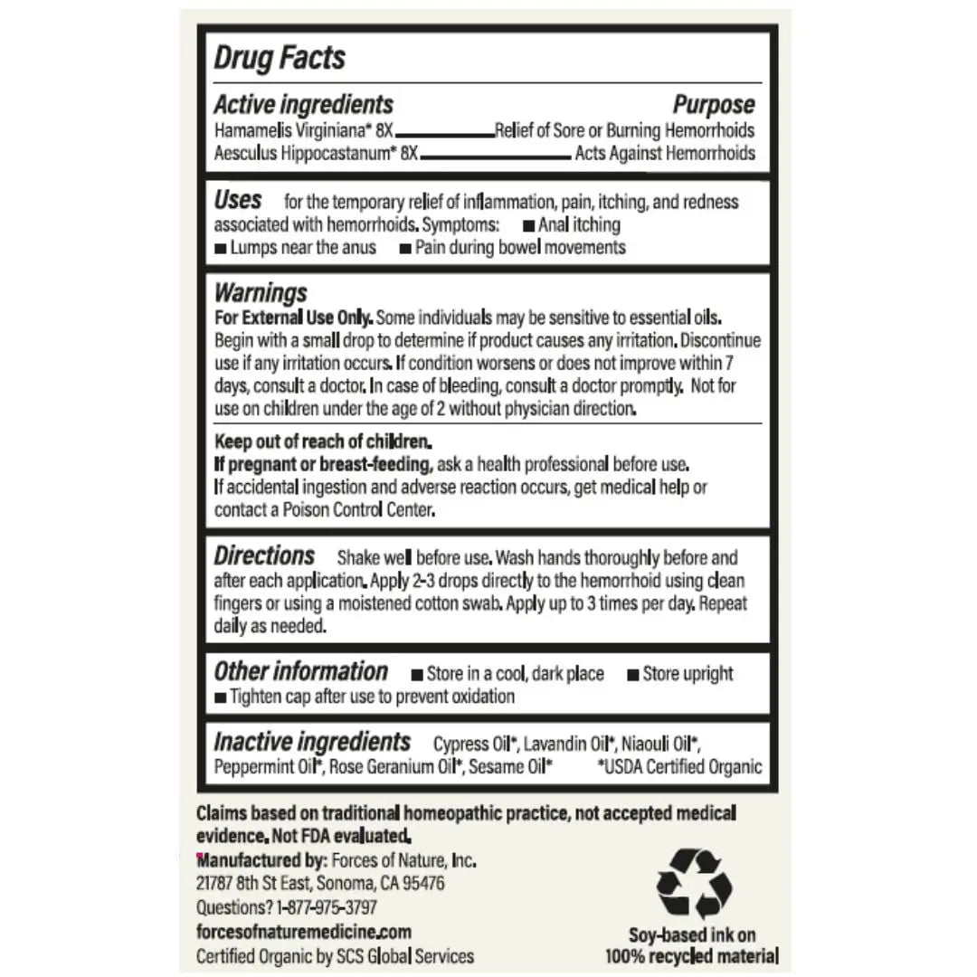 Forces of Nature Hemorrhoid Control Extra Strength, Organic Homeopathic Medicine with Witch Hazel, Horse Chestnut, and Soothing Essential Oils for Itching, Swelling & Discomfort, 5ml (0.17 fl oz) Forces of Nature Au supplements