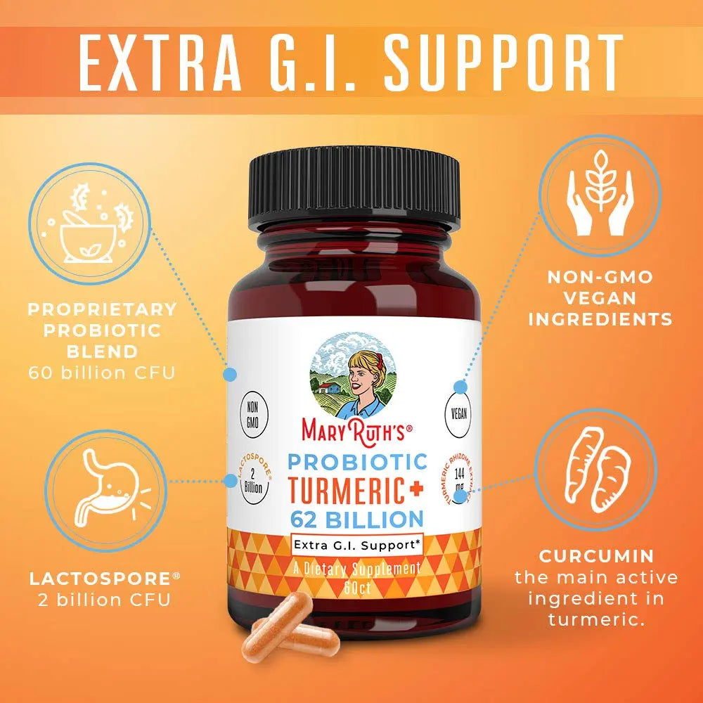 MaryRuth Organics Probiotic Turmeric + Extra GI Support | 62 Billion CFU | Organic Ingredients Turmeric Complex with Probiotics | Turmeric Curcumin Capsules for Digestion | Vegan | 60 Count MARYRUTH'S Au supplements