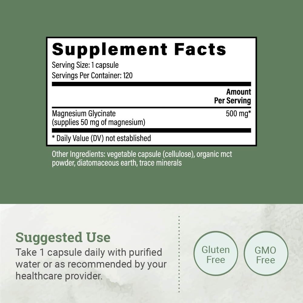 Pure Magnesium Glycinate 500mg - Chelated Magnesium Supplement, High Absorption Capsules for Sleep, Glicinato De Magnesio with Organic MCT Powder (120 Capsules) Earth Harmony Naturals Au supplements