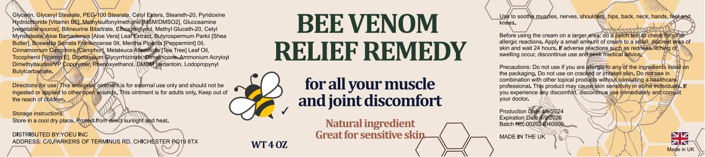 Natural Organic Bee Venom Muscle & Joint Cream, Extra Effective Muscle & Joint Care, for Neck, Hand, Feet, Knee, Muscles, Shoulder, Wrist, Elbow, Ankle, Foot Aches, Arnica, Vitamin B6 KOKOMAANE Au supplements