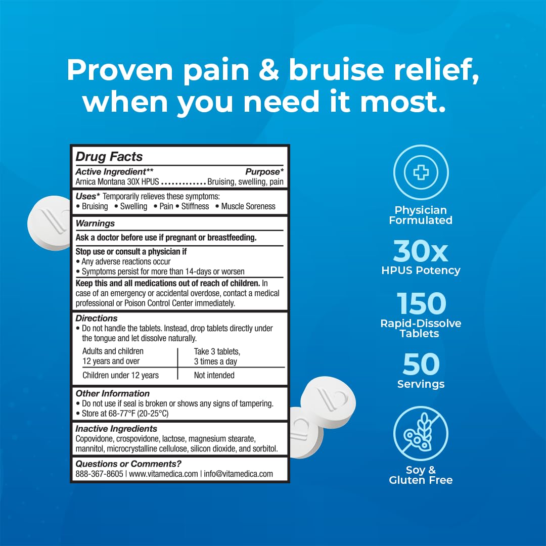 VitaMedica Arnica Montana 30X Homeopathic Tablets for Bruising Pain and Swelling | Plant Based Formula | Recommended by Plastic Surgeons | Natural Recovery Surgery Or Injury | 3 Pack | 150 Servings VitaMedica Au supplements
