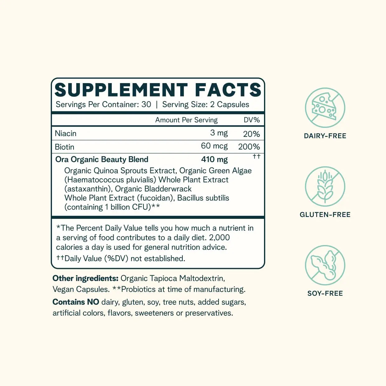 Ora Organic Hair, Skin, and Nails Support- BeYouTiful - Beauty Supplement with B Vitamins and Algae Extracts for Healthy Hair and Skin - 60 Vegan Capsules Ora Organic Au supplements