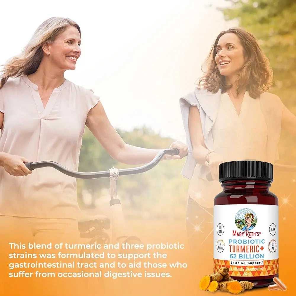 MaryRuth Organics Probiotic Turmeric + Extra GI Support | 62 Billion CFU | Organic Ingredients Turmeric Complex with Probiotics | Turmeric Curcumin Capsules for Digestion | Vegan | 60 Count MARYRUTH'S Au supplements