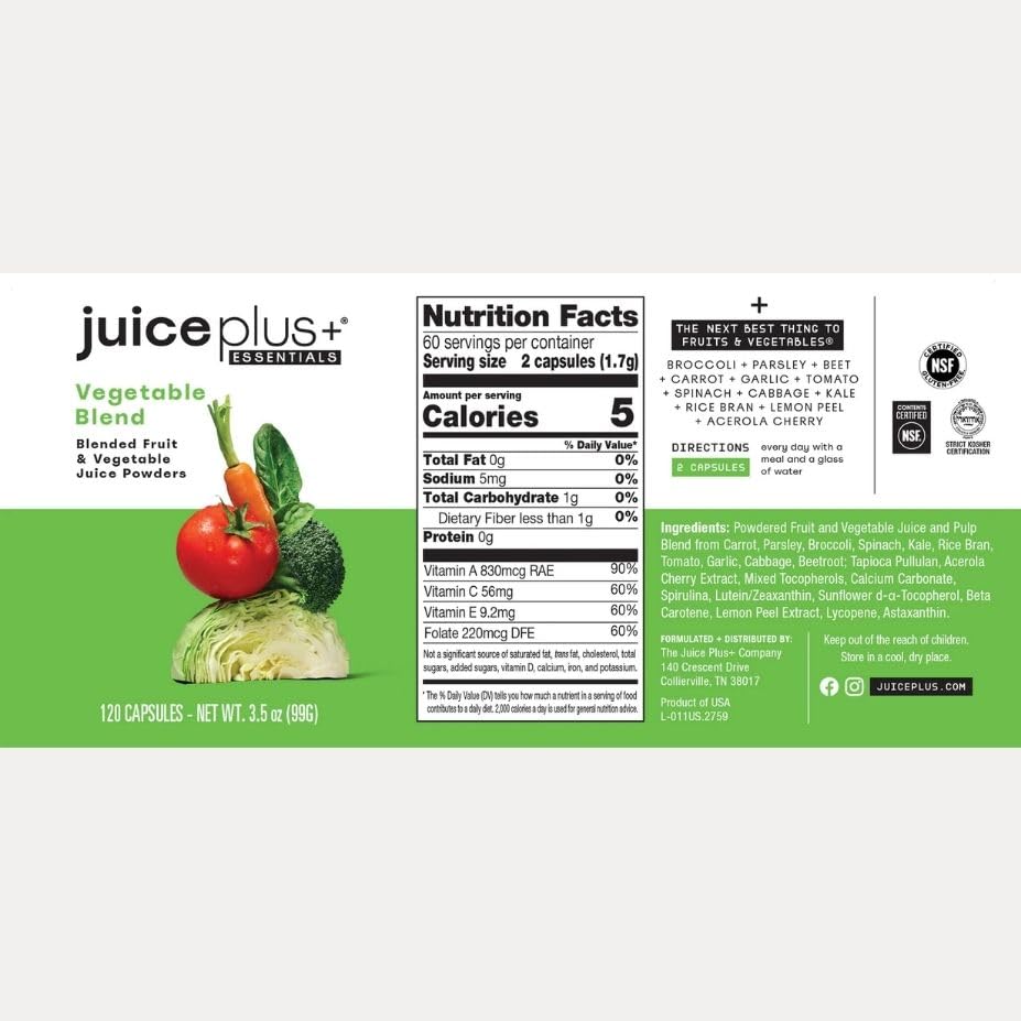 Juice Plus+ Vegetable Blend: with Broccoli, Parsley, Tomato & More - Plant-Based, Vegan, Gluten-Free, Non-GMO, Kosher - for Heart, Immune, Cognitive & Skin Health - 1 Bottle (60 Servings) Juice Plus+ Au supplements