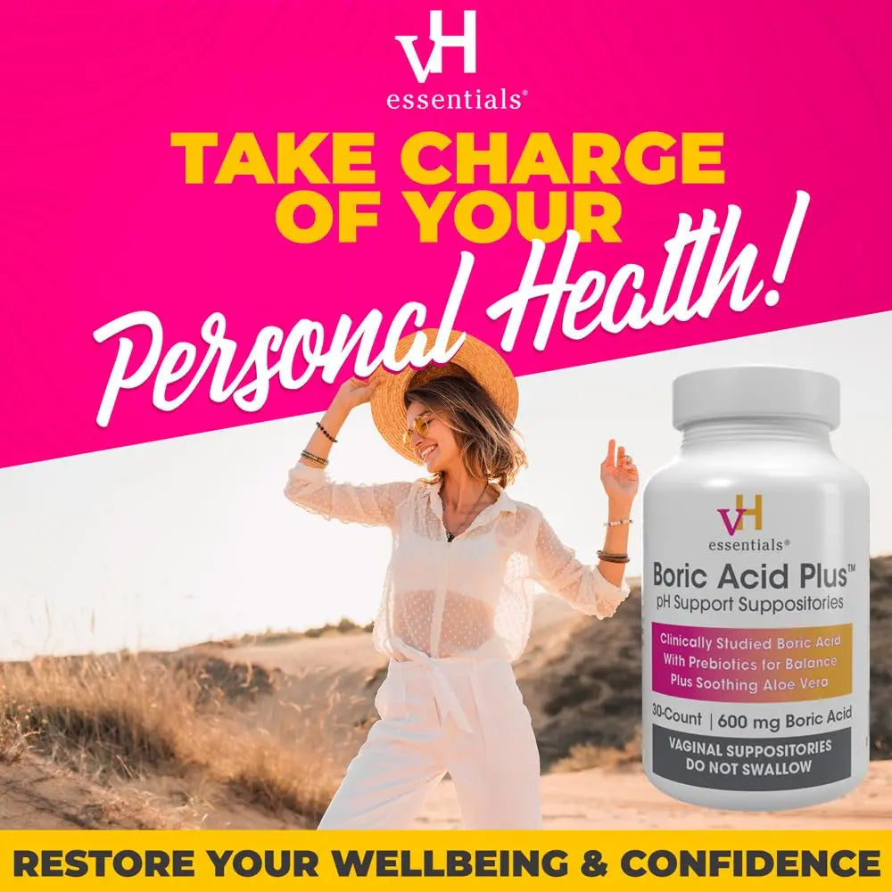 vH Essentials Boric Acid Plus Vaginal Suppositories, Prebiotic Infused with Soothing Aloe Vera, pH Support Formula Fights Odor and Promotes Freshness, 600mg Boric Acid, 30 Count vH essentials Au supplements
