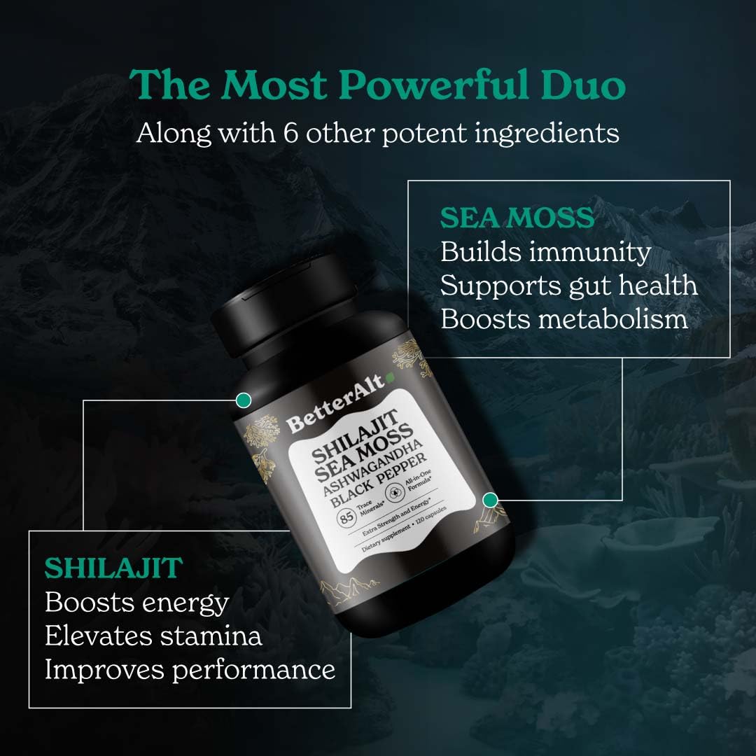 Better Alt Shilajit Sea Moss Capsules Pack of 2 with Ashwagandha & Black Pepper Extract with 85+ Essential Minerals & Antioxidants| Boosts Energy & Metabolism - 120 Servings, 240 Capsules Better Alt Au supplements