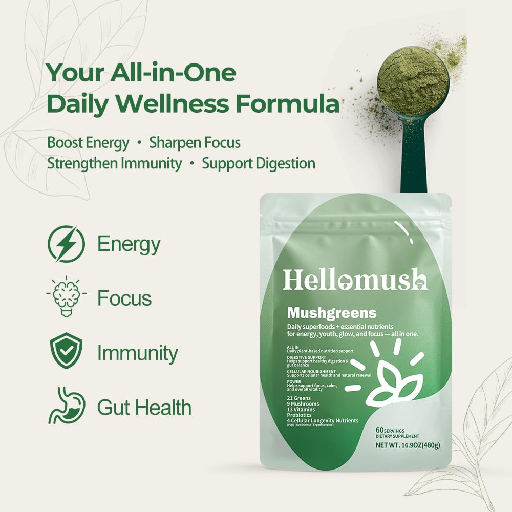 Hellomush Super Greens Powder Superfood, Daily Green Powder Supplement with Probiotics Drink Mix for Men & Women, Blend of Greens, Mushrooms, Vitamins, Probiotics and Cellular Nutrients Hellomush Au supplements