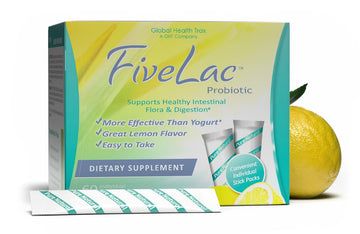 Global Health Trax GHT - FiveLac Lemon Probiotic Powder Drink Mix, Probiotics for Women, Men, Kids - Smooth Digestive Support & Elimination – Relieve Constipation & Gas - 60 Packets, 3.18 Oz, Non-GMO ght Global Health Trax Au supplements