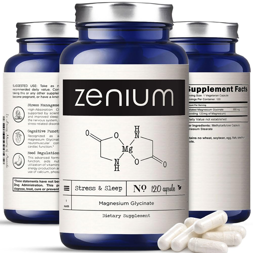 Zenium - Magnesium Glycinate for Sleep, Chelated, 600mg per Serving, 120 Capsules | High Absorption | Relieve Tension, Worry, Nervousness | Calm The Mind & Body | Ayurvedic | Natural Relief Supplement Zenium Au supplements