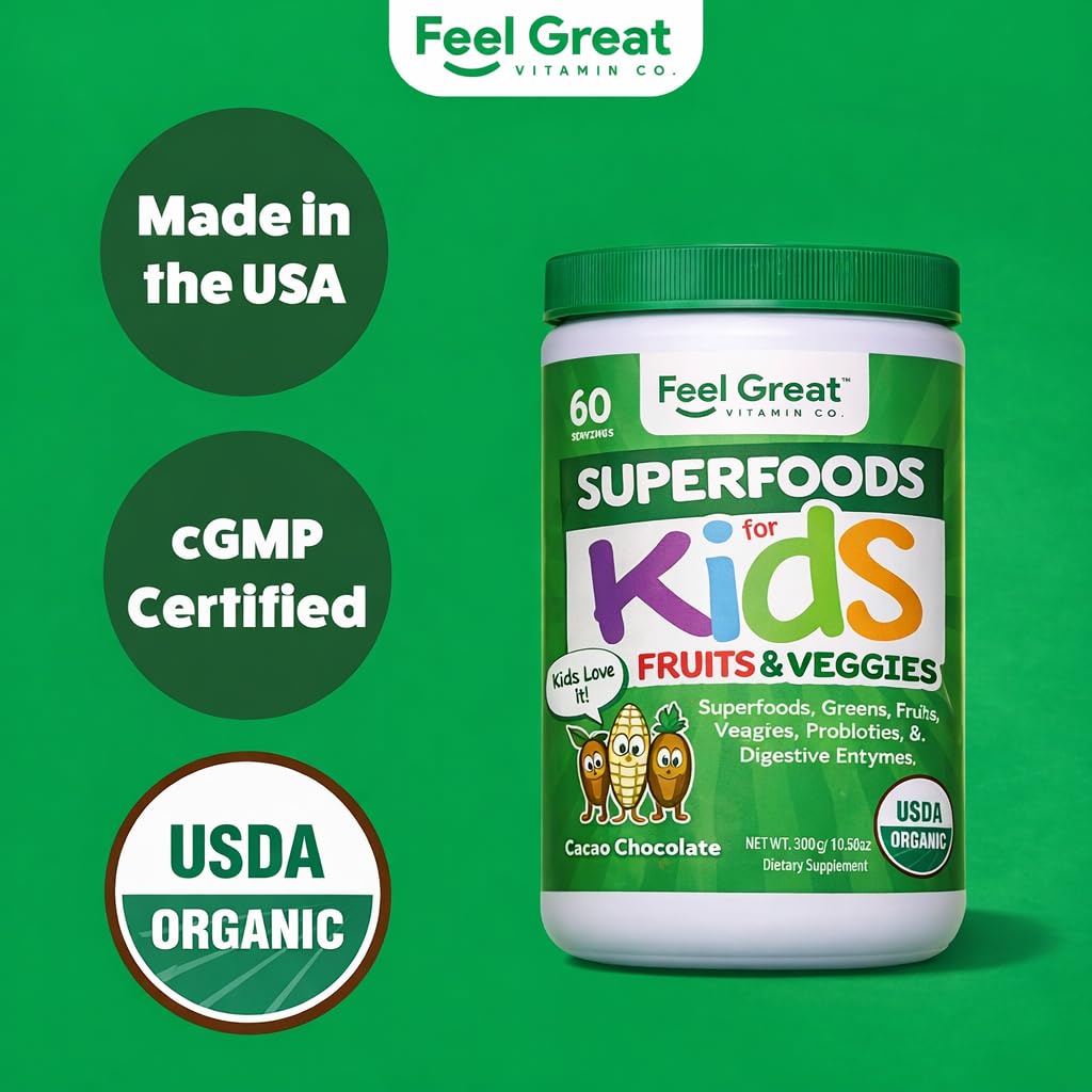 Feel Great USDA Organic Super Greens Powder for Kids - Cocao Chocolate | Fruit & Veggie Supplement | Superfood Powder with Probiotics & Digestive Enzymes for Digestive Health | 60 Days Supply The Feel Great Vitamin Company Au supplements