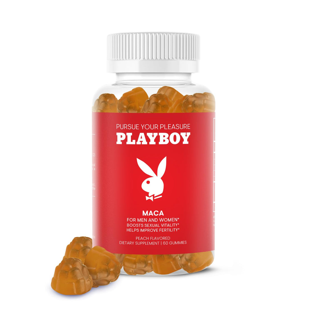 Playboy - Maca Root Gummies for Women and Men (60 Count - Peach Flavored) - Boost Sexual Vitality, Libido, Fertility - Supplement - 100% Natural, Vegan Non GMO - 4:1 Extract Maca Peruana Avid Au supplements