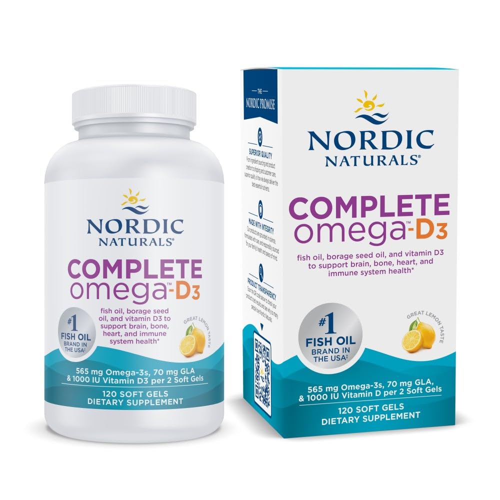 Nordic Naturals Complete Omega-D3, Lemon Flavor - 120 Soft Gels - 565 mg Omega-3 + 70 mg GLA + 1000 IU Vitamin D3 - EPA & DHA - Healthy Skin, Cognition, Positive Mood - Non-GMO - 60 Servings Nordic Naturals Au supplements