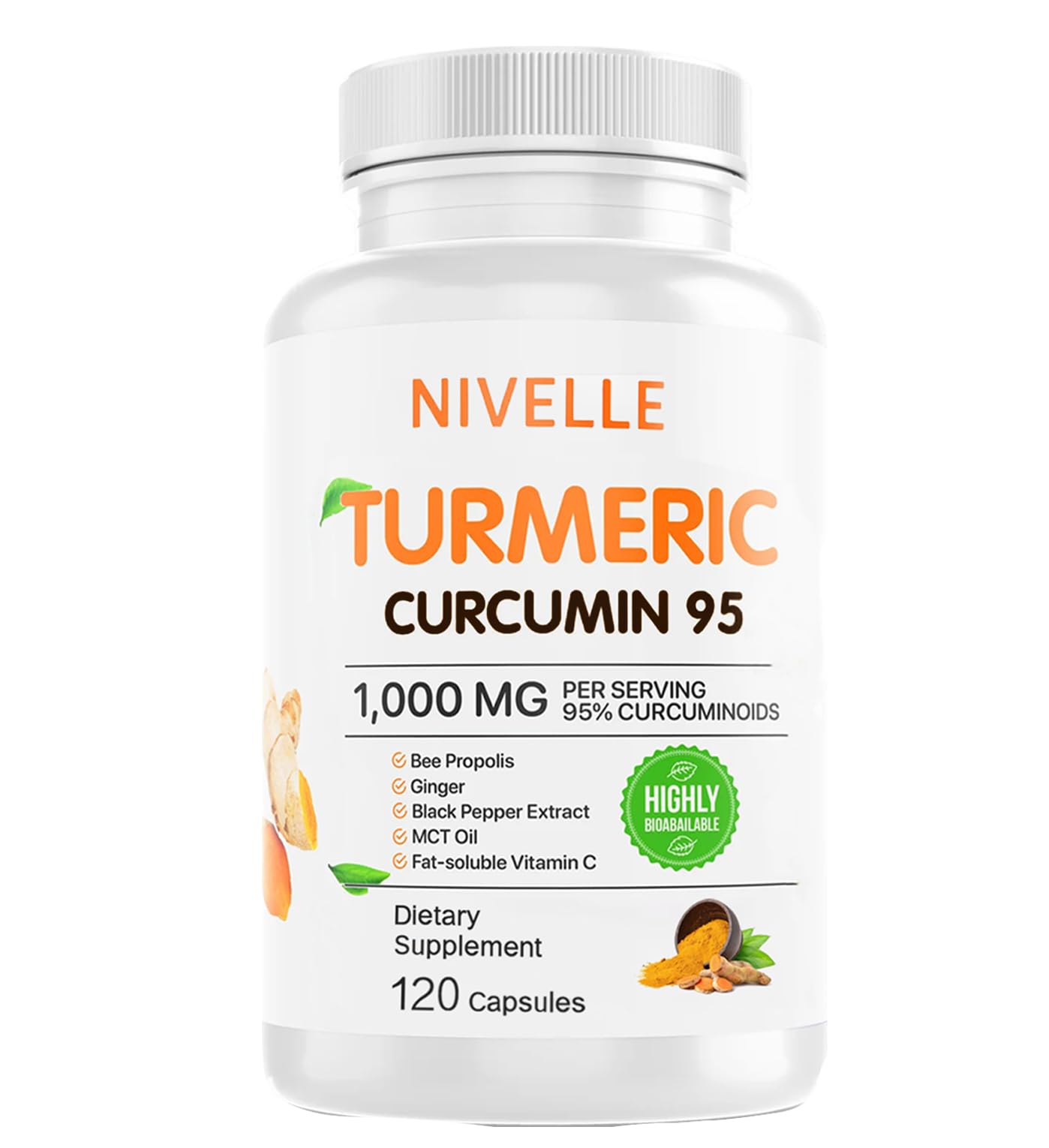 NIVELLE Turmeric Curcumin | Pure Turmeric Curcumin Supplement 1000mg | 95% Curcuminoids with Bee Propolis, Ginger, MCT Oil, Fat Soluble Vitamin C, & Black Pepper | 120 Capsules (1) NIVELLE Au supplements