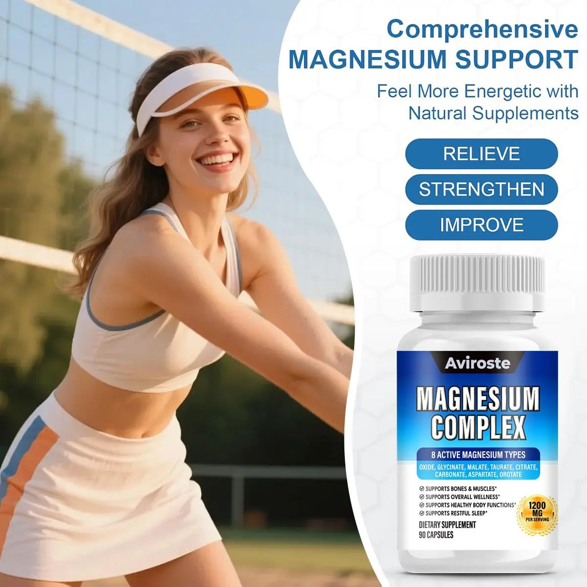 8 in 1 Magnesium Complex Supplement - 8 Elemental 1000mg - Magnesium Glycinate, Citrate, Malate, Taurate - High Absorption,for Muscle, Nerve & Sleep Support - 90 Capsules Aviroste Au supplements