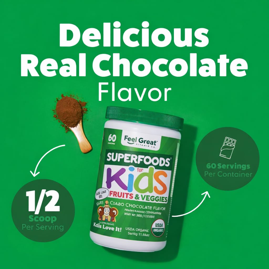 Feel Great USDA Organic Super Greens Powder for Kids - Cocao Chocolate | Fruit & Veggie Supplement | Superfood Powder with Probiotics & Digestive Enzymes for Digestive Health | 60 Days Supply The Feel Great Vitamin Company Au supplements